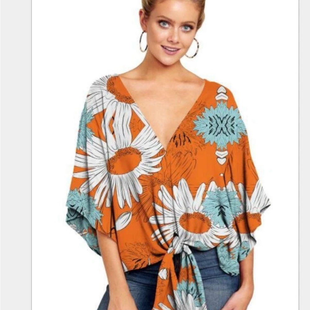 Sucrefes Orange And Blue Tie Front Boho Blouse Size XL